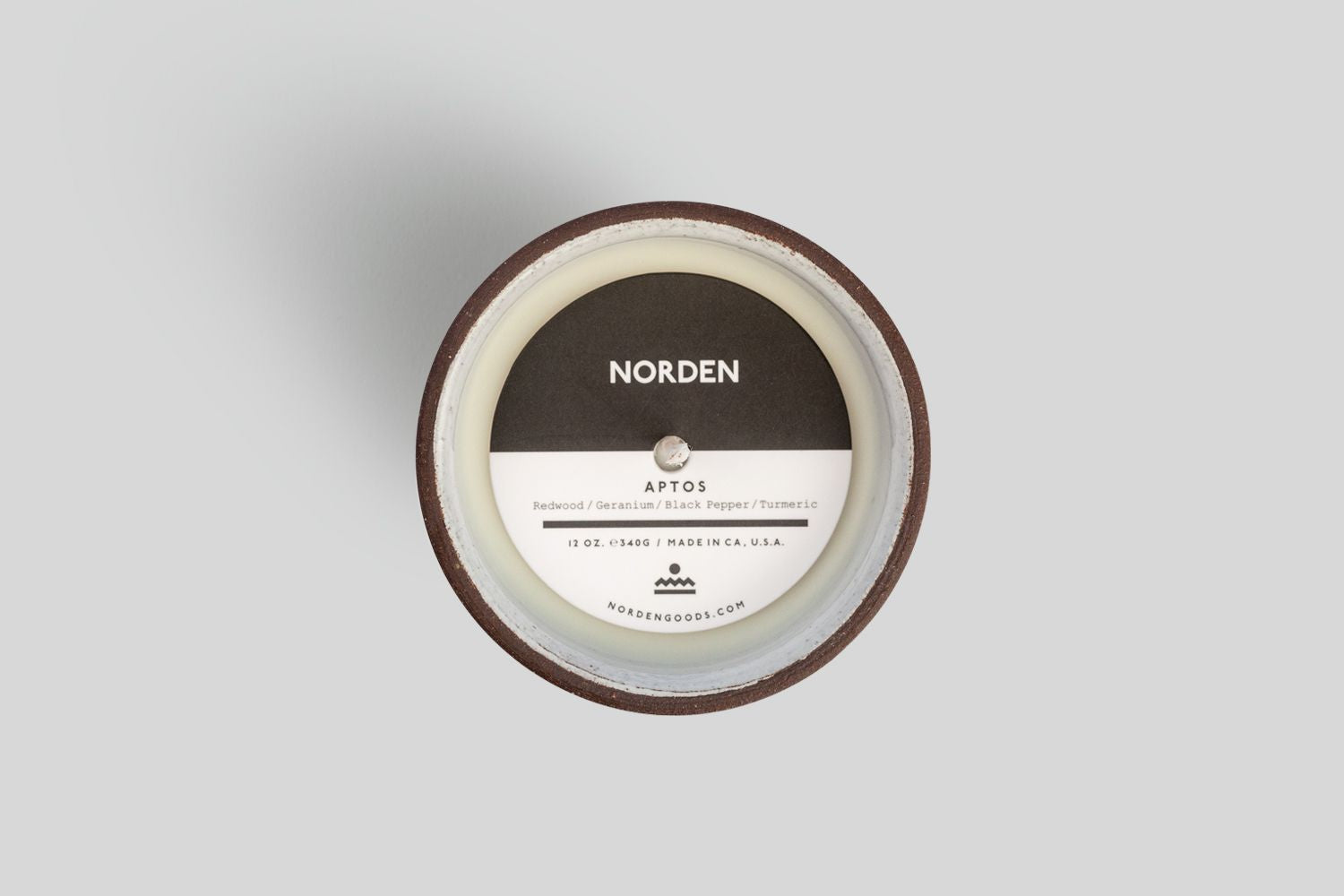 NORDEN GOODS Made in California Handthrown Ceramic Coconut and Apricot Wax Sustainable Organic Candle Geranium and Tumeric Aptos Scent