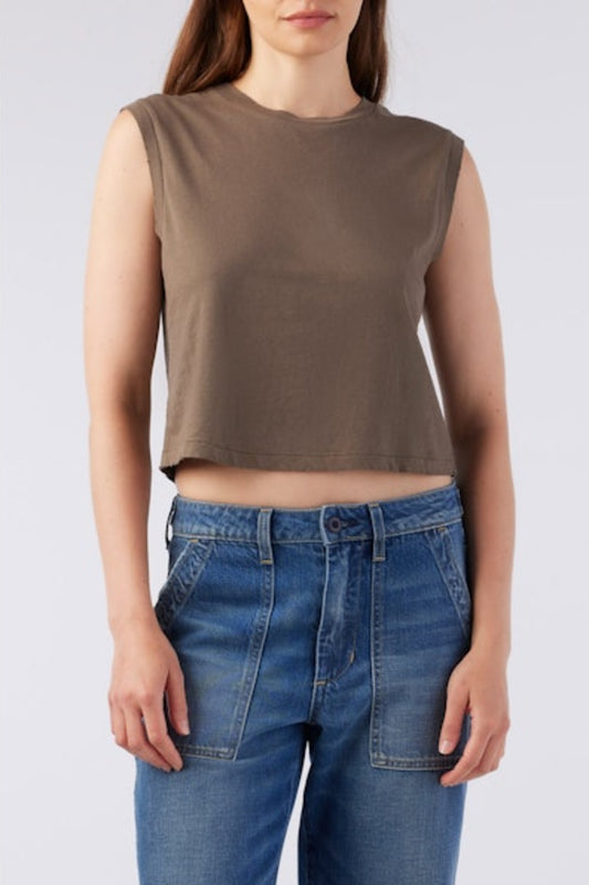 Image of model wearing AMO Denim Babe Sleeveless Cropped Tee in Coffee Brown. Babe Tee is a muscle style sleeveless tee with a crew neck and cropped length. Designed and produced in Los Angeles.