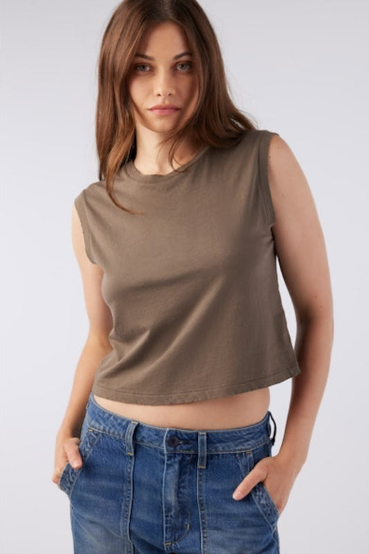 Image of model wearing AMO Denim Babe Sleeveless Cropped Tee in Coffee Brown. Babe Tee is a muscle style sleeveless tee with a crew neck and cropped length. Designed and produced in Los Angeles.