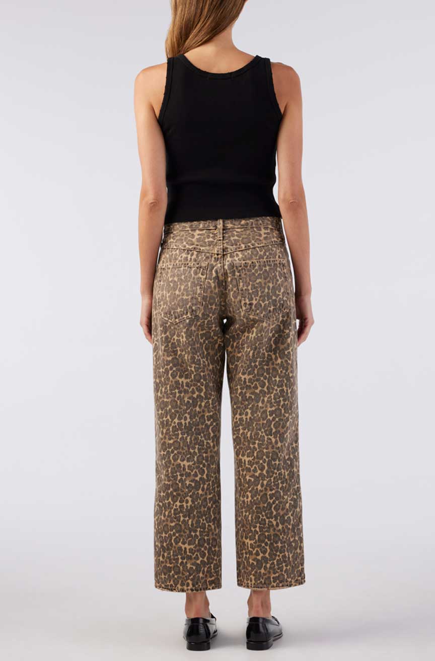 Image of model in AMO Denim Billie Straight Leg Leopard Print Jeans - Ethically Made Fashion - Made in USA Women's Denim