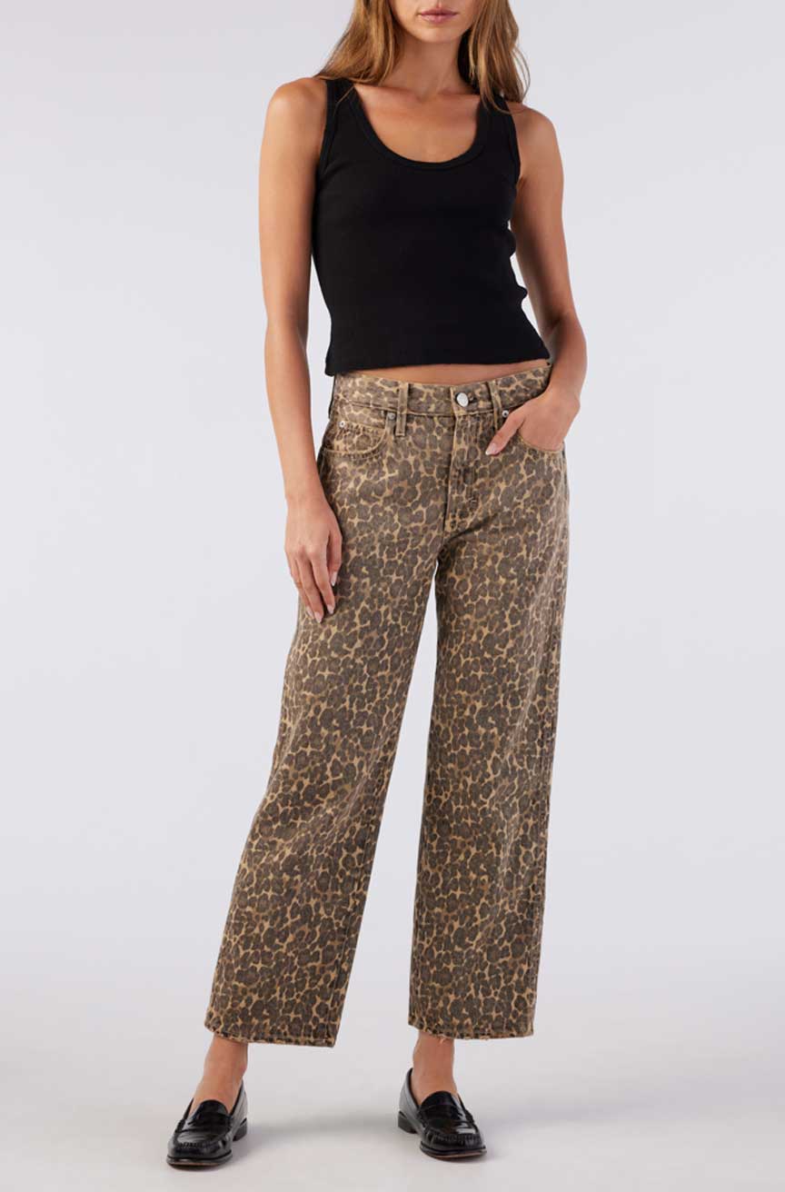 Image of model in AMO Denim Billie Straight Leg Leopard Print Jeans - Ethically Made Fashion - Made in USA Women's Denim