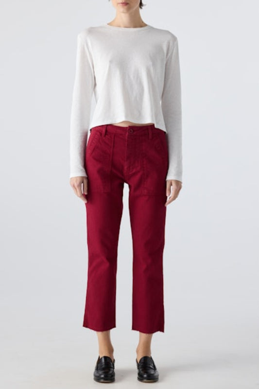 Image of model wearing AMO DENIM Easy Army Trouser in Pinot. 