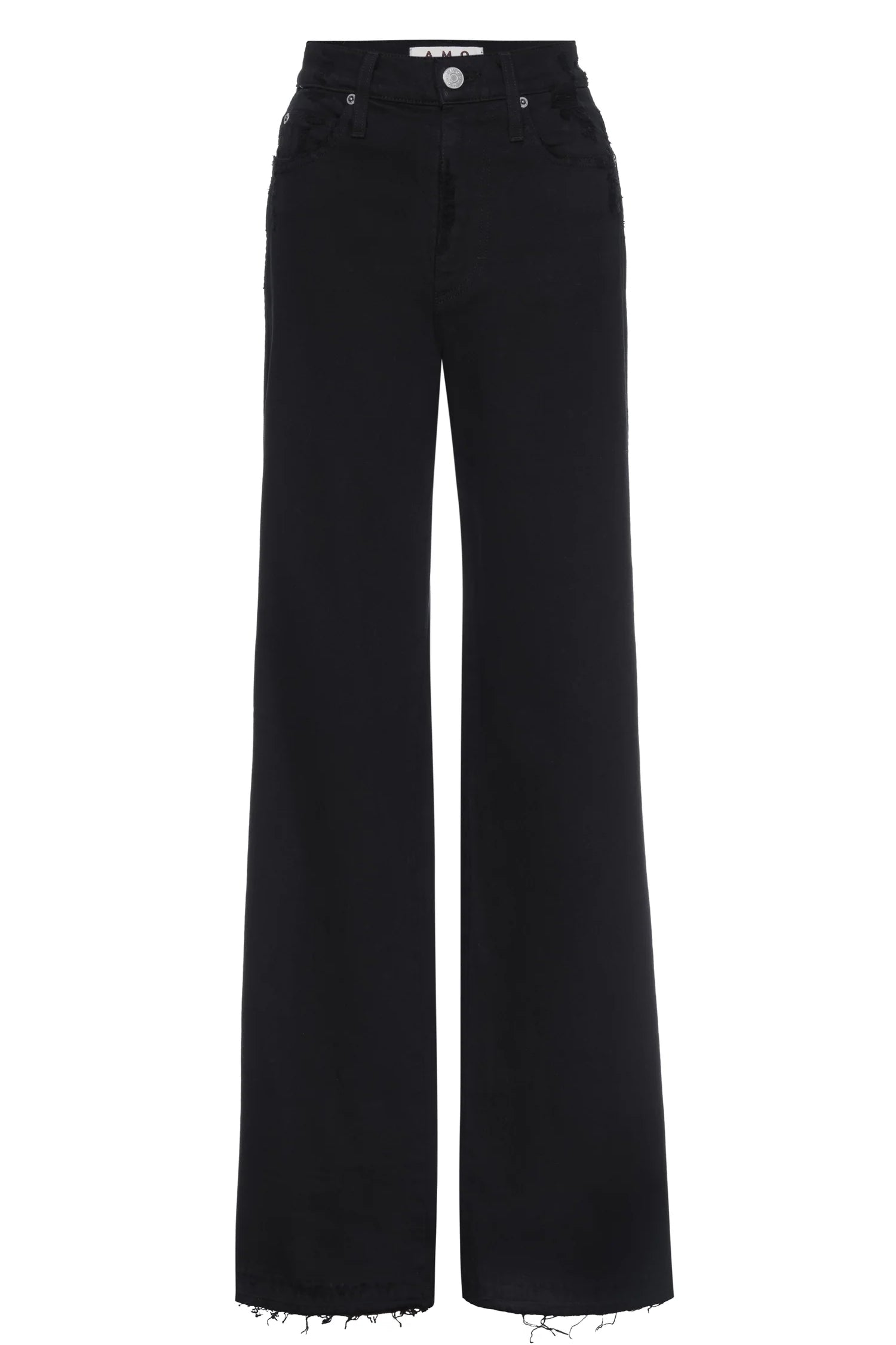 Image of model wearing AMO DENIM Friday Wide Leg in Black Oak. Frida is a high rise, wide leg sailor cut jean in a true black wash.