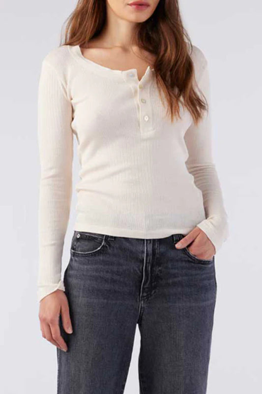 Image of a model wearing AMO Denim Sweets Henley in Bone (Natural White). Sweets Henley is a Premium Scoop Neck Cotton Henley with tonal button details and subtle ribbing. Made in Portugal. 