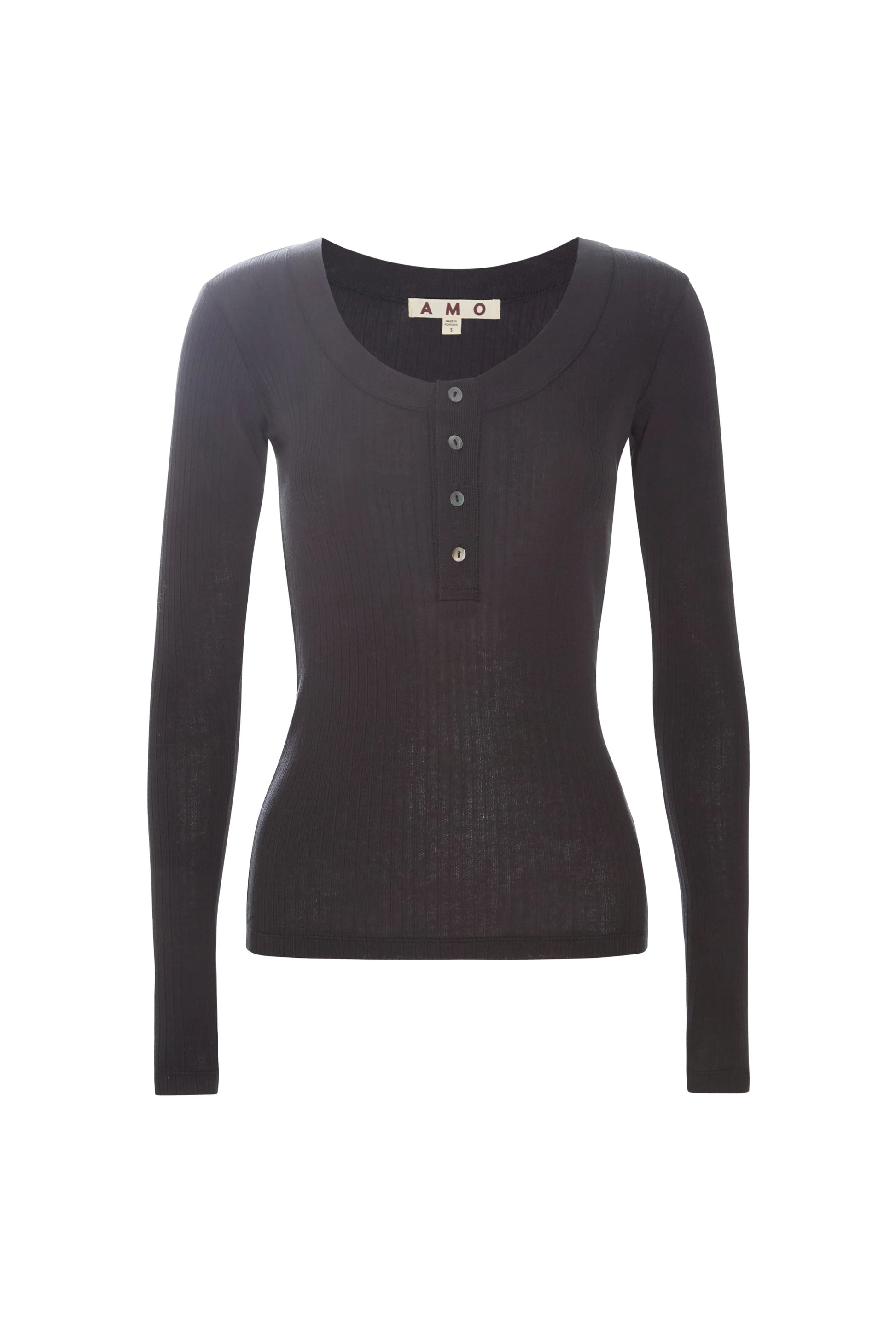 Image of a model wearing AMO Denim Sweets Henley in Vintage Black. Sweets Henley is a Premium Scoop Neck Cotton Henley with tonal button details and subtle ribbing. Made in Portugal. 