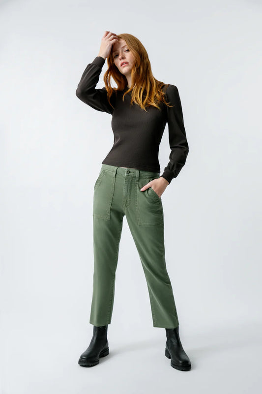 AMO DENIM _ Made in USA Essentials _ Easy Army Trouser in Tea Leaf Green _ Relaxed Rise Pant with Tapered Leg and Button Front Closure
