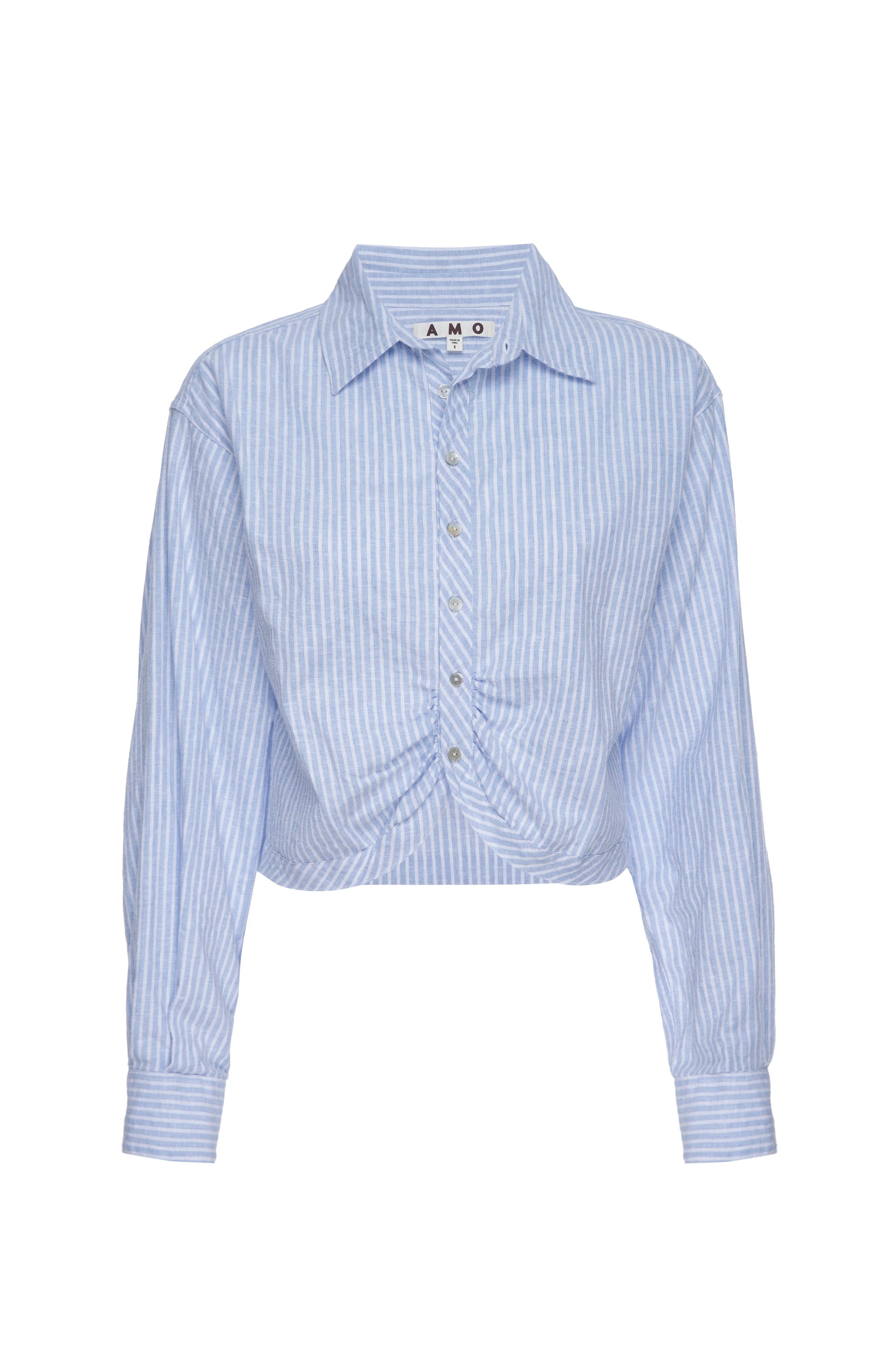 AMO DENIM Anna Mae Cropped Classic Blue Pinstripe Shirting - Cropped Cotton Collared Button Down with Gathered Front Hemline _ Sky Blue and White Pinstripe Fabric