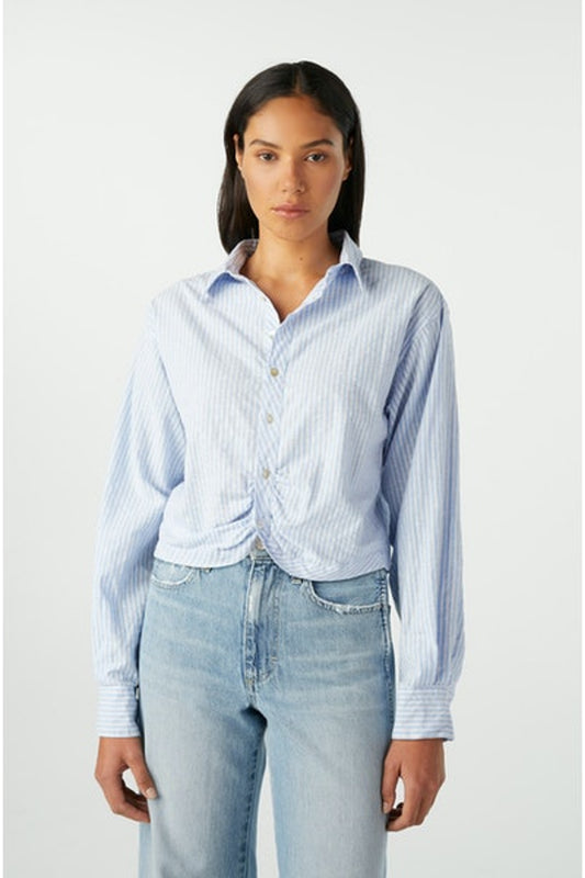 AMO DENIM Anna Mae Cropped Classic Blue Pinstripe Shirting - Cropped Cotton Collared Button Down with Gathered Front Hemline _ Sky Blue and White Pinstripe Fabric