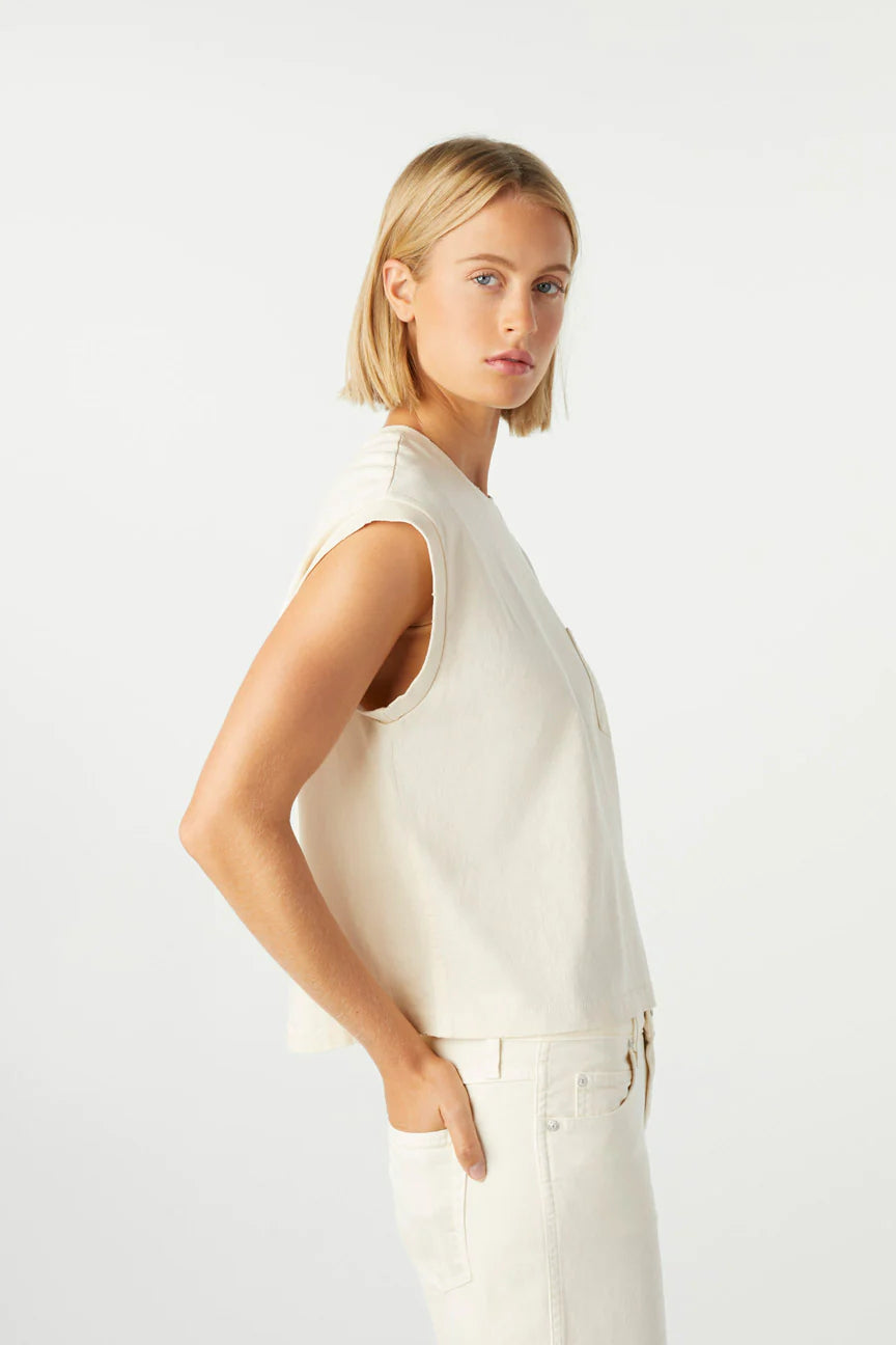 AMO DENIM_Vintage Inspired Cap Sleeve Muscle Tank with Patch Pocket_Bone Cream White Color