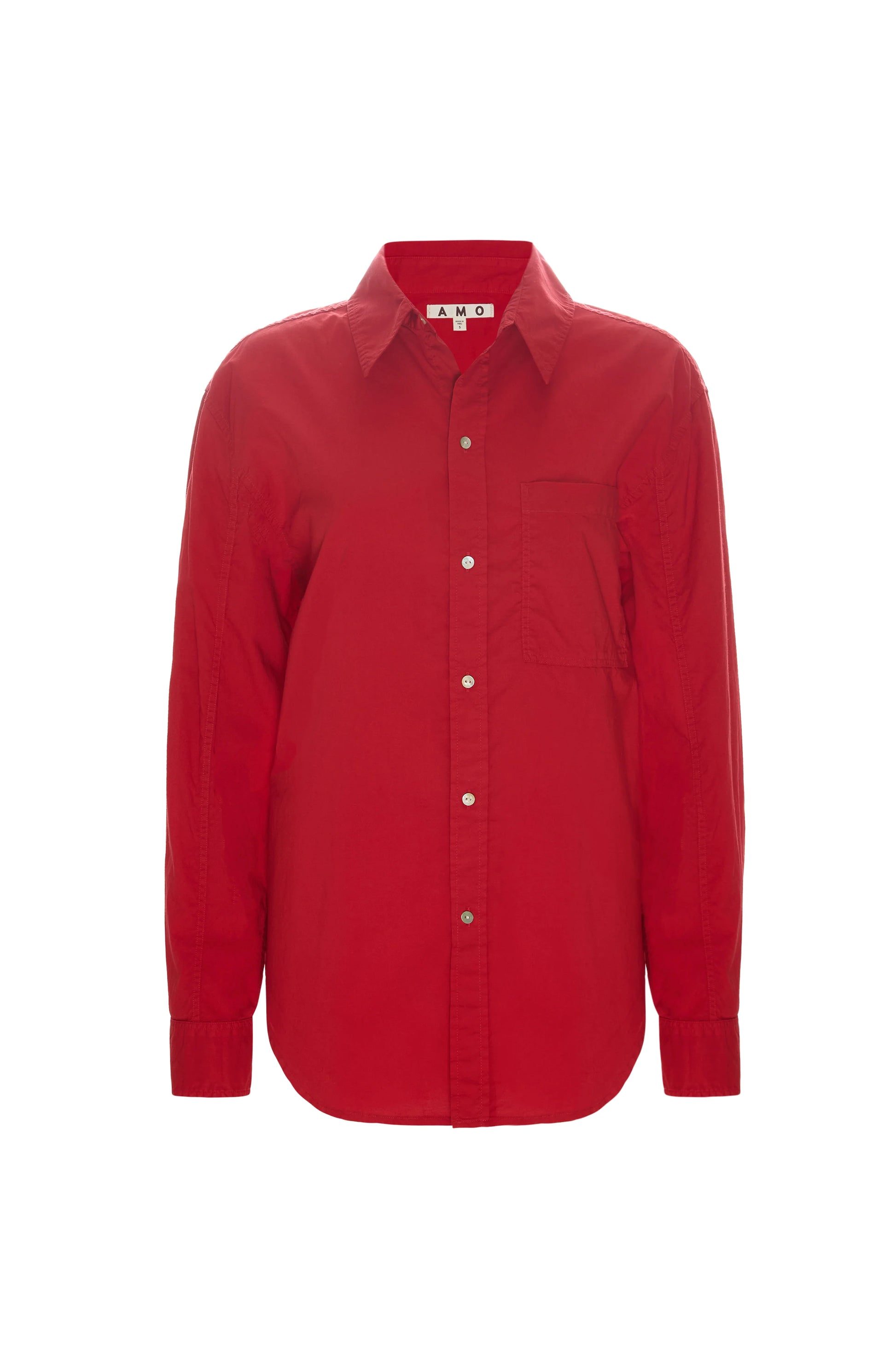 Image of AMO Denim Ruth Oversized Button Down Shirt in Cherry Red Cotton Poplin. Made in Peru premium women's denim and basics. Female founded and operated.