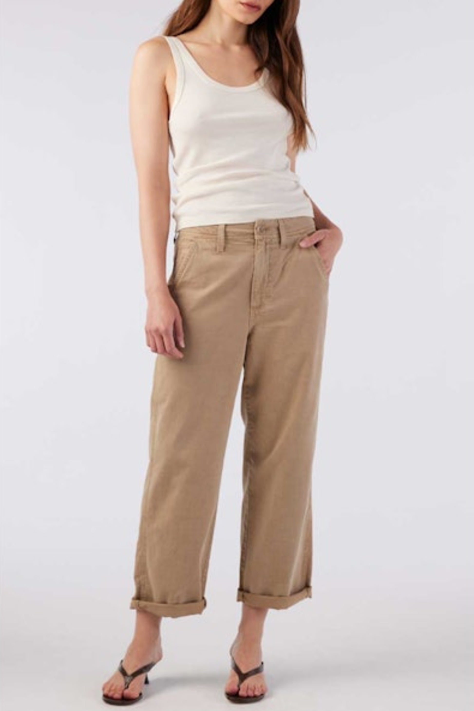 Image of Model wearing AMO Denim Ursula Cotton Chino Pant in Sand Khaki. Ursula is a relaxed trouser pants that sits on the hip with a relaxed rise, wide straight leg, and slightly cropped length. Made In USA.