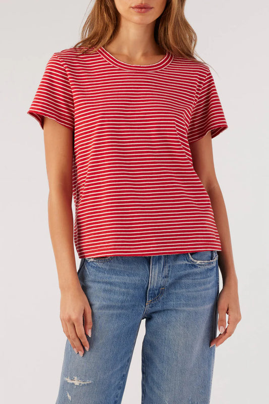 Image on model wearing AMO Cotton Striped Love T-Shirt in Cherry Red with Natural White striping. Made in USA premium denim + basics line; female founded + operated. 