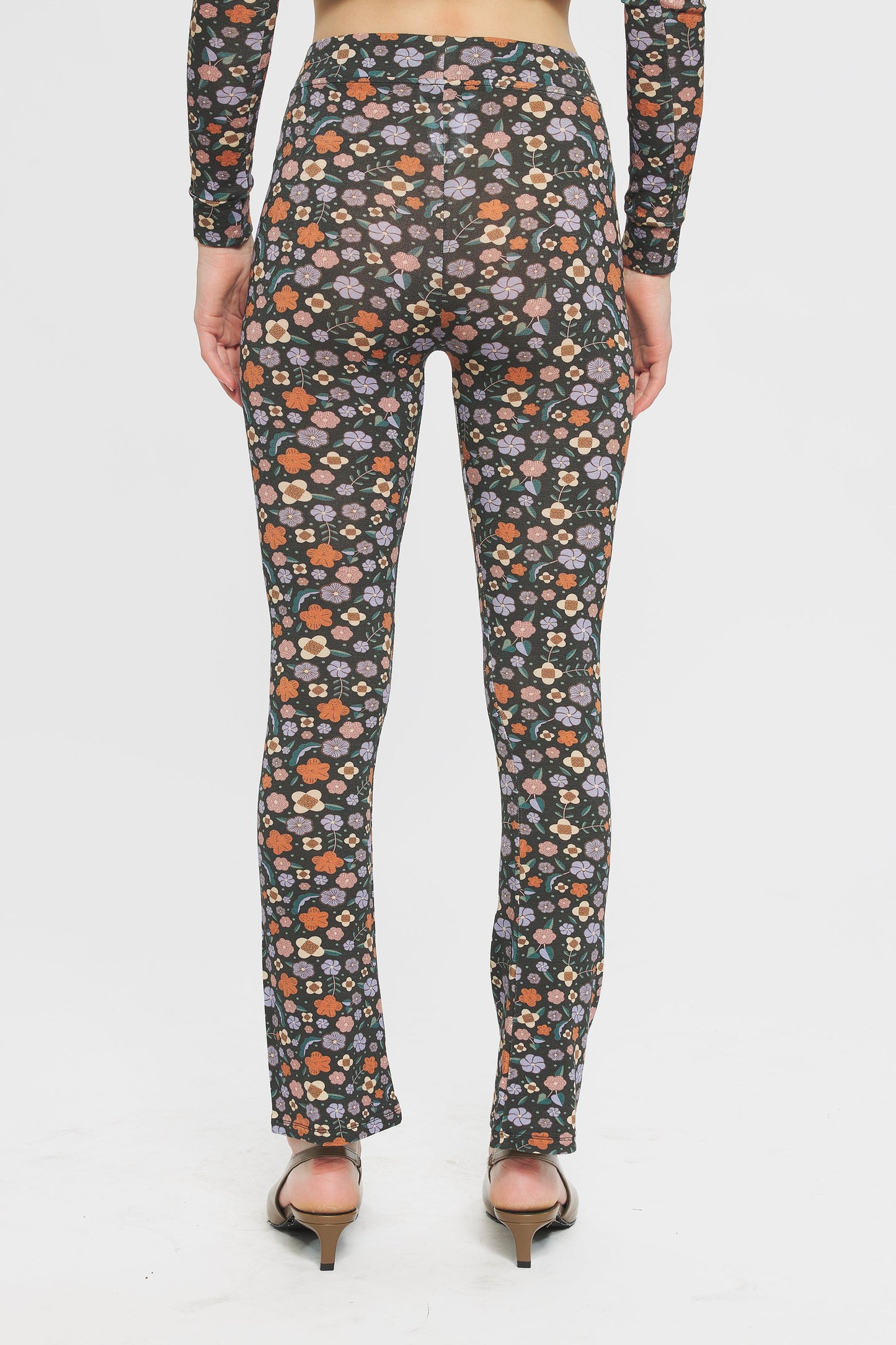 Image of model in Antik Batik Matching Floral Aria Fitted Wool Blend Flared 60s Floral Legging Pants _ Ethical French Bohemian Fashion _ Artisan Made Sustainable High Fashion