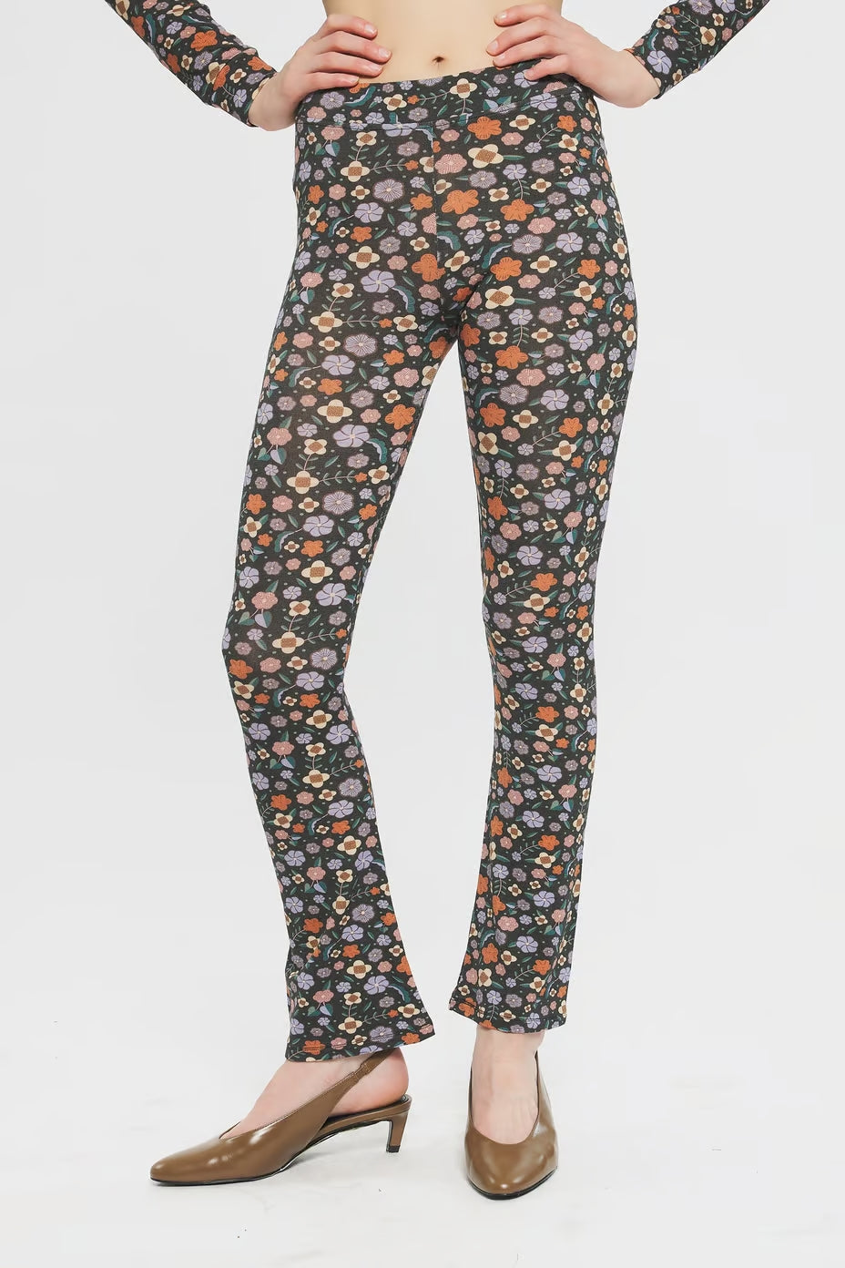 Image of model in Antik Batik Matching Floral Aria Fitted Wool Blend Flared 60s Floral Legging Pants _ Ethical French Bohemian Fashion _ Artisan Made Sustainable High Fashion