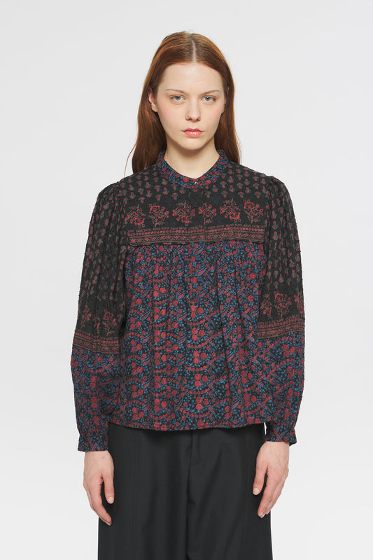 Image of model in Antik Batik Irina Cotton Jacquard Floral Block Print Winter Blouse _ Ethical French Bohemian Fashion _ Artisan Made Sustainable High Fashion