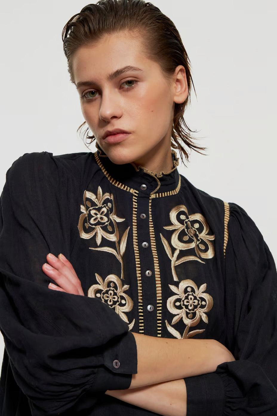 ANTIK BATIK _ Savoir Faire Ethical Artisan Made Fashion _ Boho Style Popover Cotton Mini Dress w/ Handstitched Gold Floral Embroidery on Black Hand loomed Cotton