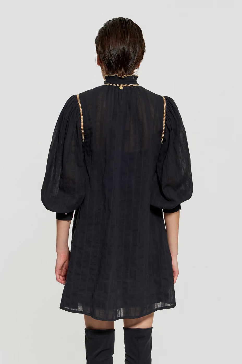ANTIK BATIK _ Savoir Faire Ethical Artisan Made Fashion _ Boho Style Popover Cotton Mini Dress w/ Handstitched Gold Floral Embroidery on Black Hand loomed Cotton
