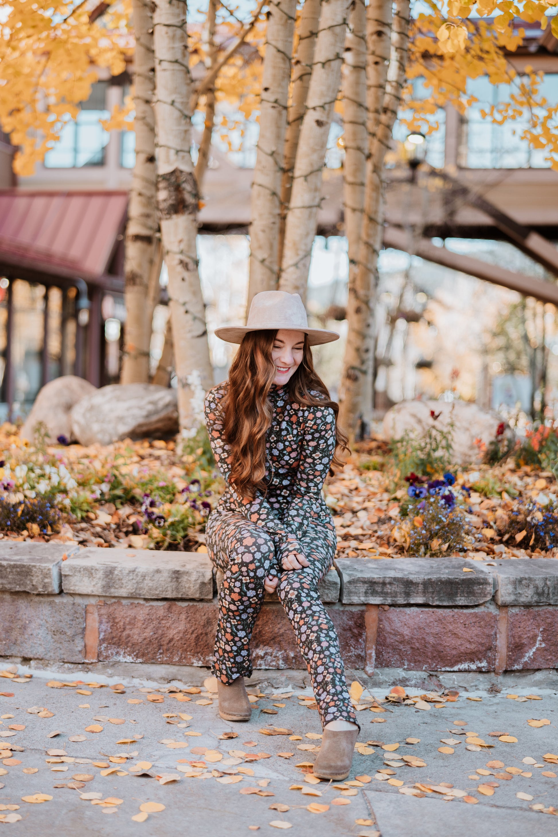 Image of model in Antik Batik Matching Floral Aria Set _ Fitted Wool 60s Floral Print Turtleneck with Fitted Flared 60s Floral Legging Pants _ Ethical French Bohemian Fashion _ Artisan Made Sustainable High Fashion