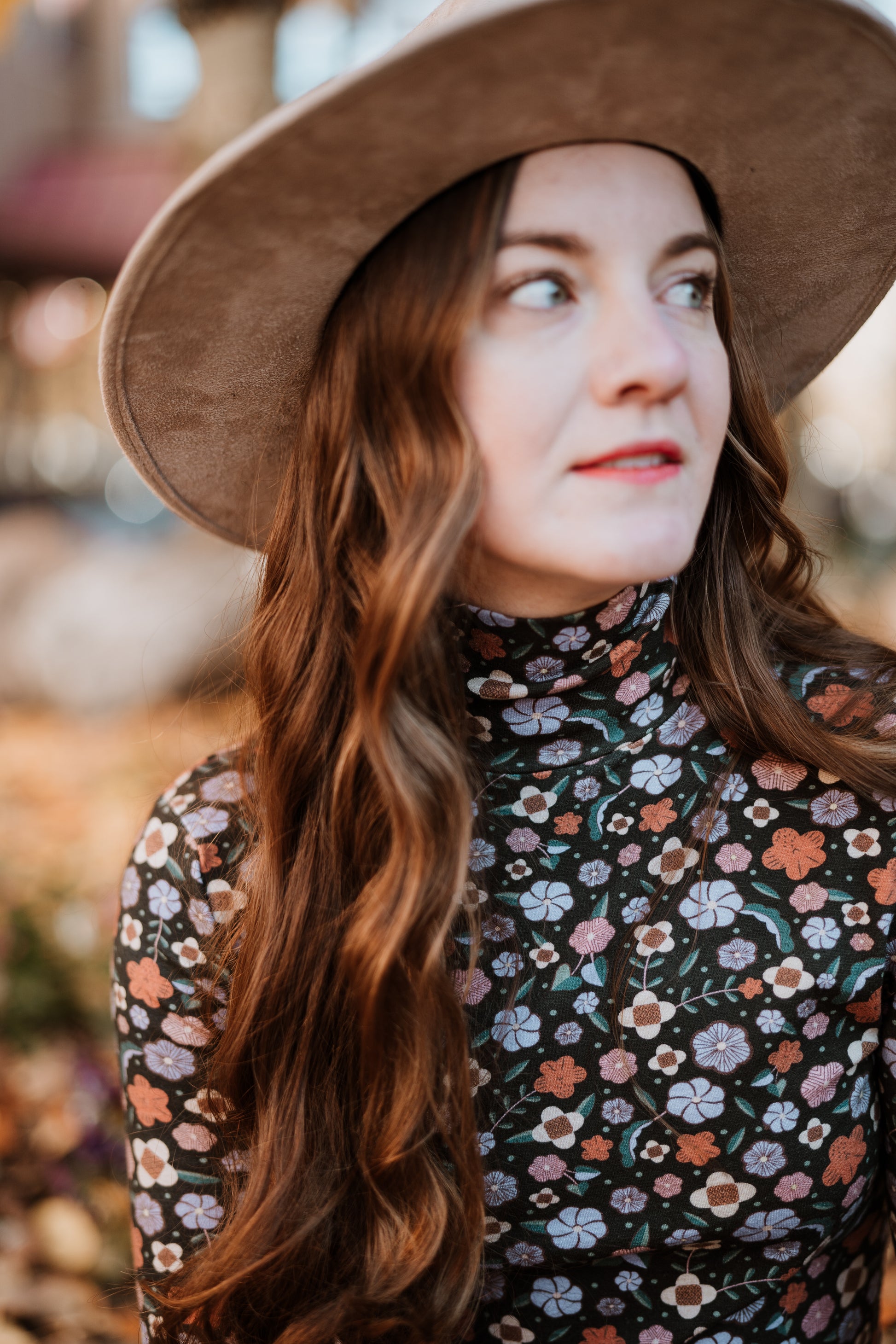 Close up of Antik Batik Matching Floral Aria Set _ Fitted Wool 60s Floral Print Turtleneck with Fitted Flared 60s Floral Legging Pants _ Ethical French Bohemian Fashion _ Artisan Made Sustainable High Fashion