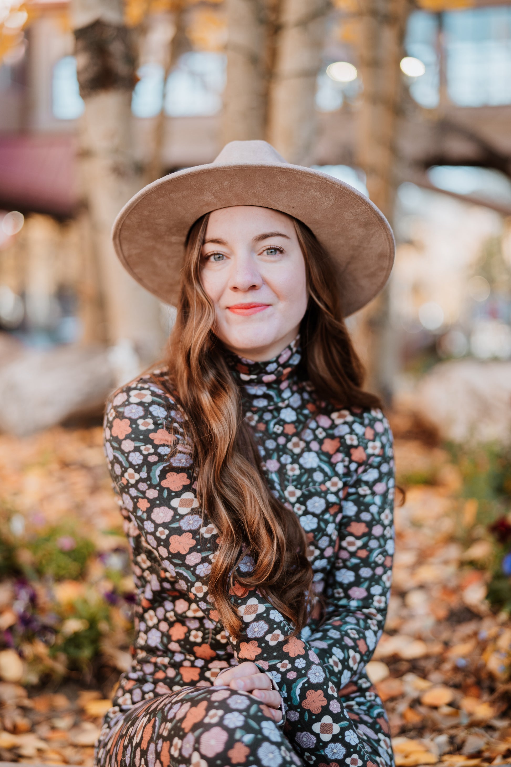 Image of model in Antik Batik Matching Floral Aria Set _ Fitted Wool 60s Floral Print Turtleneck with Fitted Flared 60s Floral Legging Pants _ Ethical French Bohemian Fashion _ Artisan Made Sustainable High Fashion
