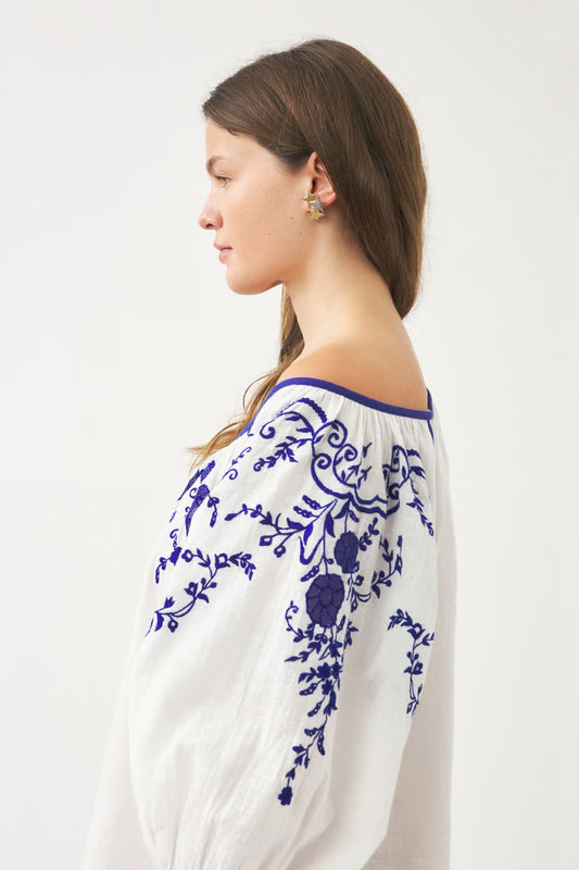 ANTIK_BATIK_Savoire Faire_Heritage Handcrafted Textiles_Victoria Hungarian Inspired White Cotton Summer Dress with Danish Blue Floral Hand Embroidery_Knee Length with 3/4 Sleeve and Scoop Neckline