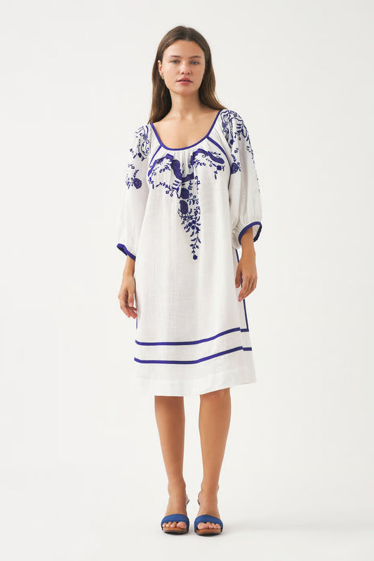 ANTIK_BATIK_Savoire Faire_Heritage Handcrafted Textiles_Victoria Hungarian Inspired White Cotton Summer Dress with Danish Blue Floral Hand Embroidery_Knee Length with 3/4 Sleeve and Scoop Neckline