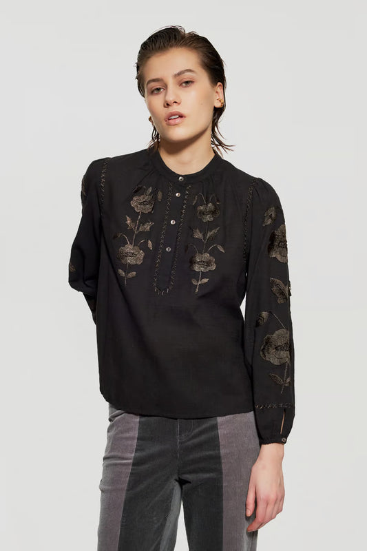ANTIK BATIK _ Savoir Faire Ethical Artisan Made Fashion _ Boho Style Popover Cotton Blouse w/ Handstitched Brown Floral Embroidery on Black Hand loomed Cotton