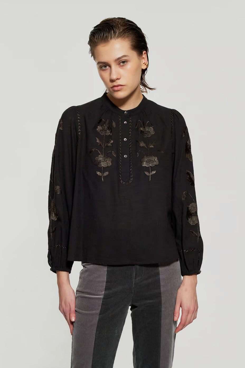 ANTIK BATIK _ Savoir Faire Ethical Artisan Made Fashion _ Boho Style Popover Cotton Blouse w/ Handstitched Brown Floral Embroidery on Black Hand loomed Cotton