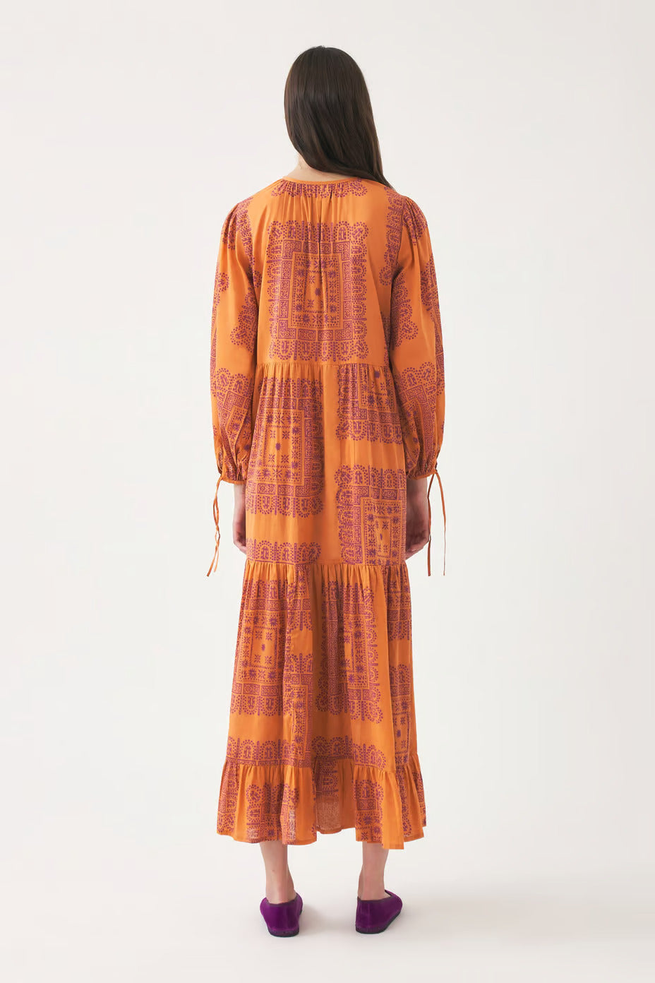 ANTIK BATIK_Savoir Faire_Heritage Handcrafted Textiles_Nali Maxi Boho Printed Dress - Deep Ochre with Maroon Aster Bandana Print Motif