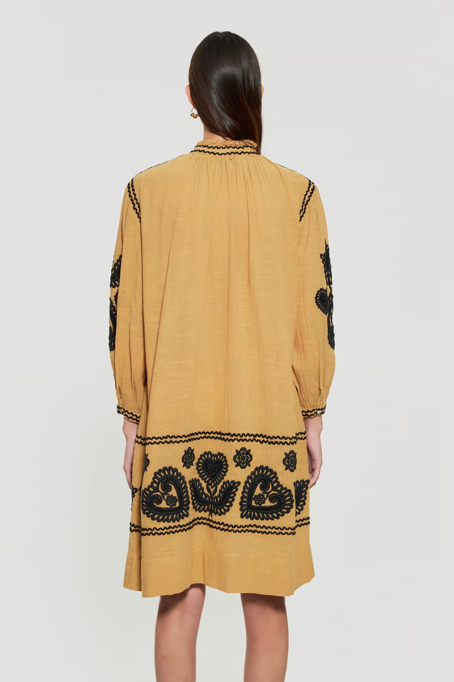 ANTIK BATIK _ Savoir Faire Ethical Artisan Made Fashion _ Boho Style Hungarian Hand Embroidered Knee Length Cotton Dress _ Black Stitching on Camel Cotton Crepe