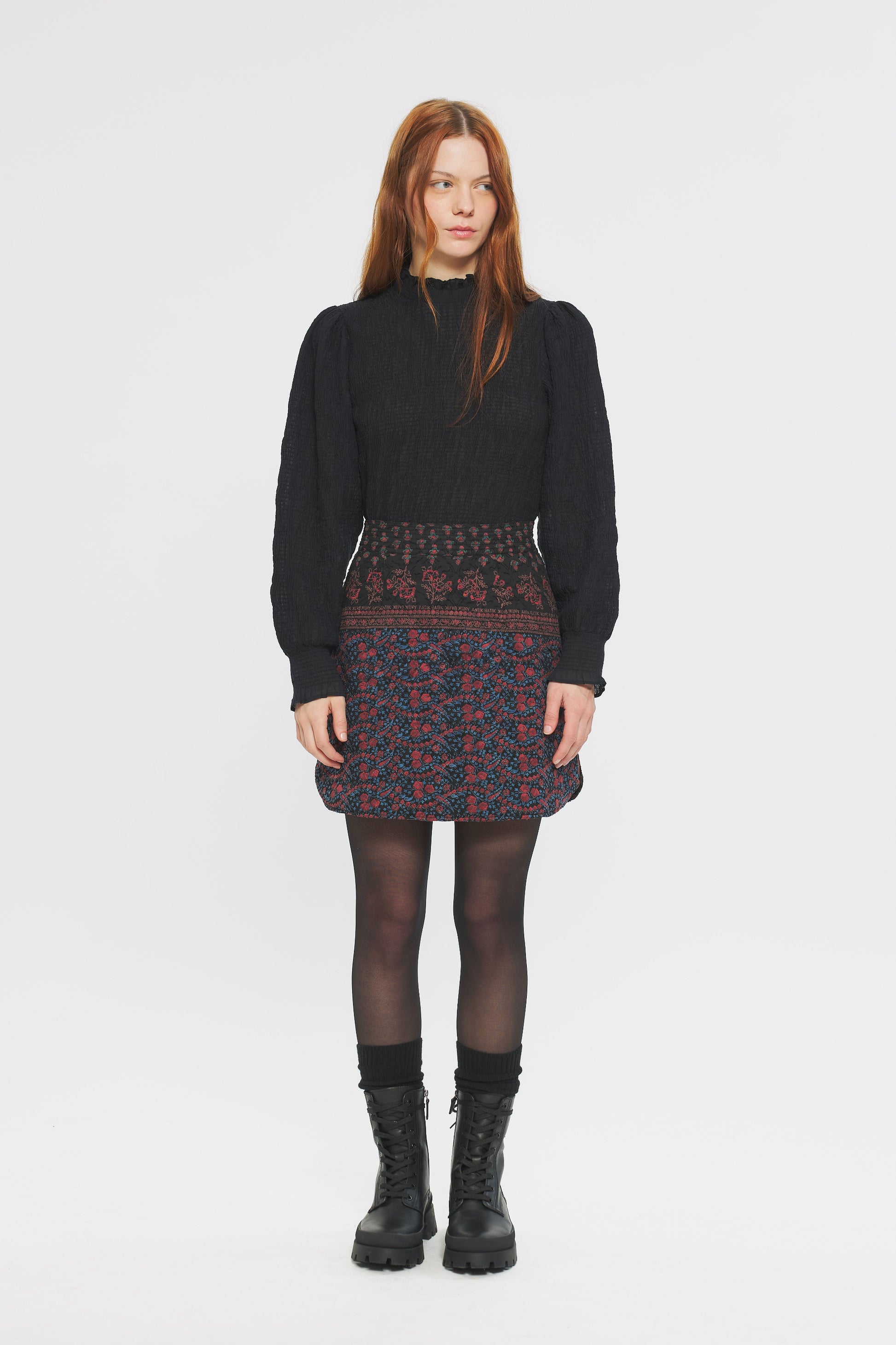 Image of model in Antik Batik Irina Quilted Cotton Jacquard Floral Block Print Winter Mini Skirt _ Ethical French Bohemian Fashion _ Artisan Made Sustainable High Fashion