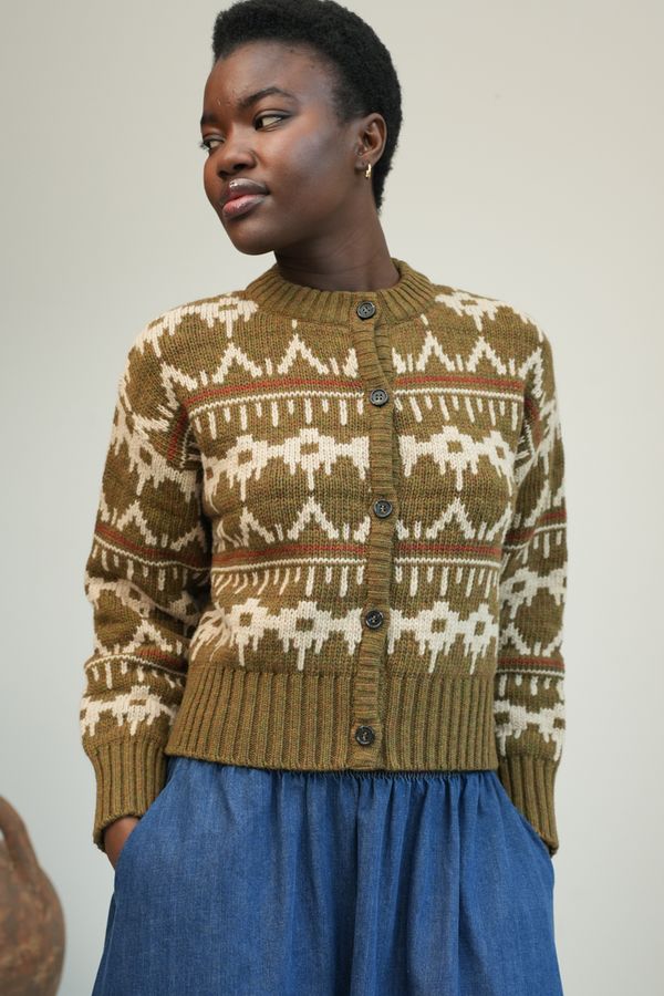 Sugi Recycled Wool Cardigan | Olive Fair Isle