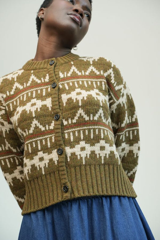 Sugi Recycled Wool Cardigan | Olive Fair Isle