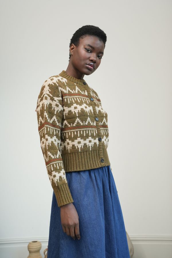 Sugi Recycled Wool Cardigan | Olive Fair Isle