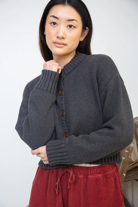 Image of model wearing BEAUMONT ORGANIC Sugi Cropped Organic Cotton Cardigan in Charcoal Marl