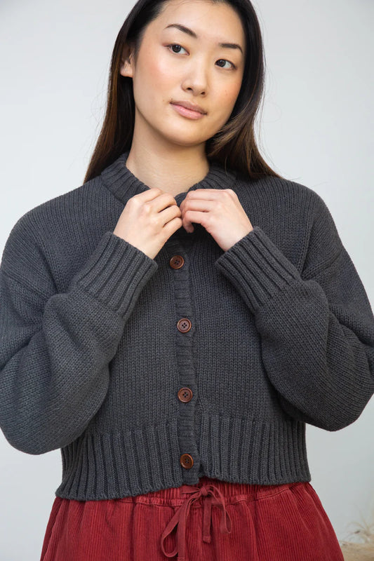 Image of model wearing BEAUMONT ORGANIC Sugi Cropped Organic Cotton Cardigan in Charcoal Marl