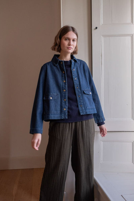 Image of model wearing BIBICO Fair Trade Clothing Orla Casual Wide Trousers in Olive Checkered Gauze Cotton
