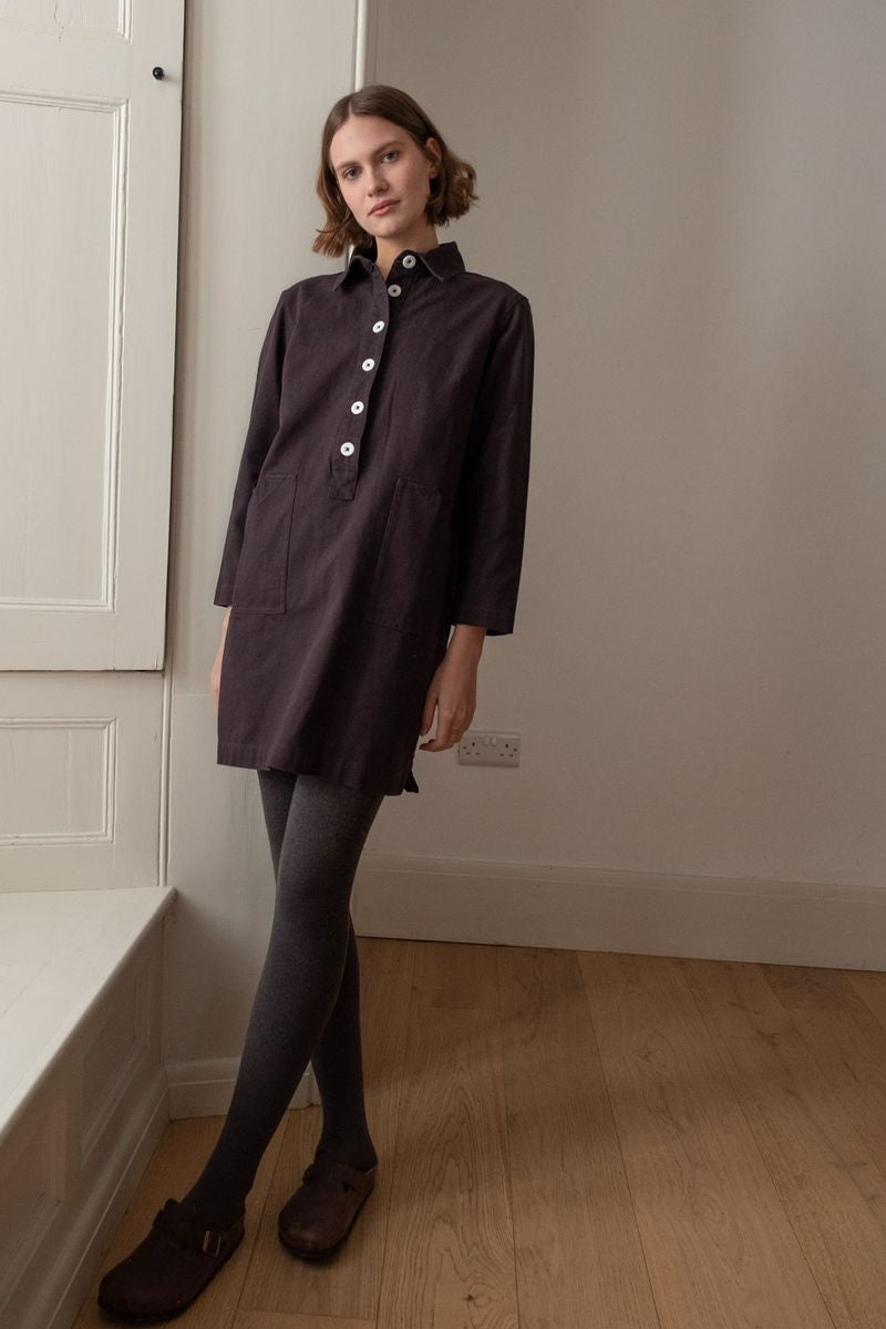Image of model wearing BIBICO Fair Trade Clothing Tara Short Dress in Dove Grey Twilled Cotton.