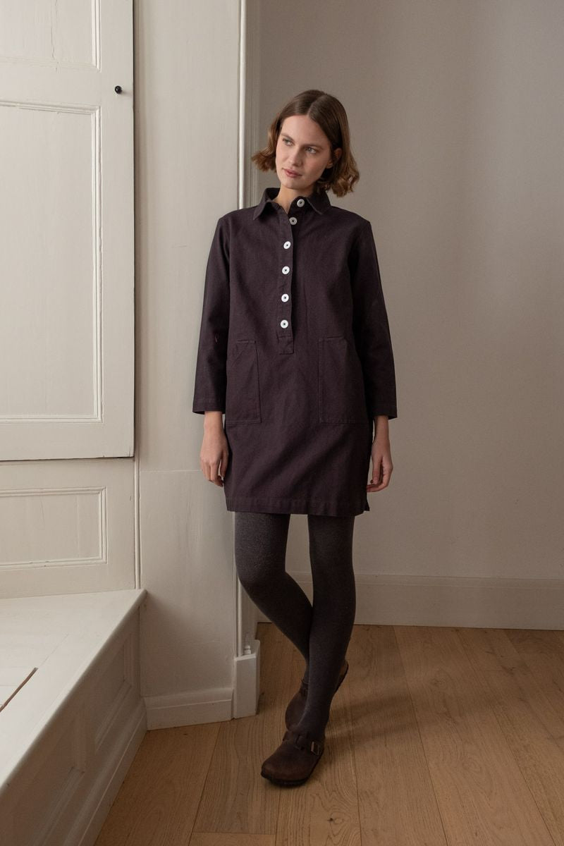Image of model wearing BIBICO Fair Trade Clothing Tara Short Dress in Dove Grey Twilled Cotton.