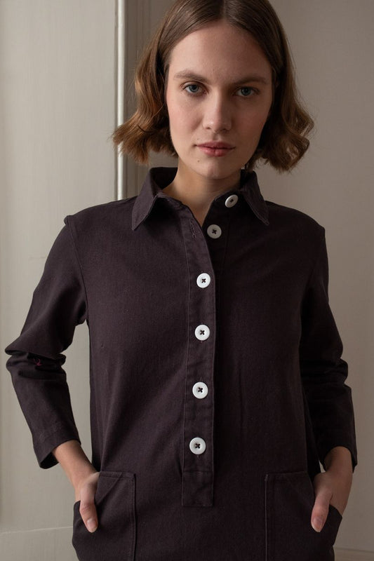 Image of model wearing BIBICO Fair Trade Clothing Tara Short Dress in Dove Grey Twilled Cotton.