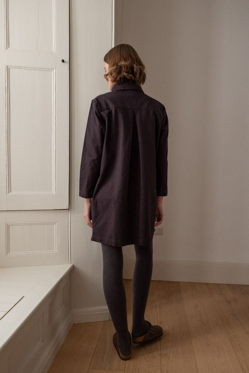 Image of model wearing BIBICO Fair Trade Clothing Tara Short Dress in Dove Grey Twilled Cotton.