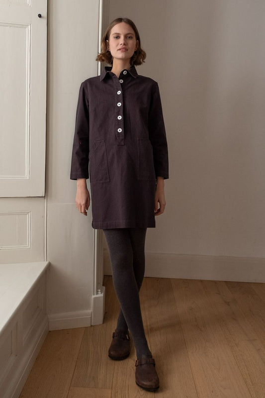 Image of model wearing BIBICO Fair Trade Clothing Tara Short Dress in Dove Grey Twilled Cotton.