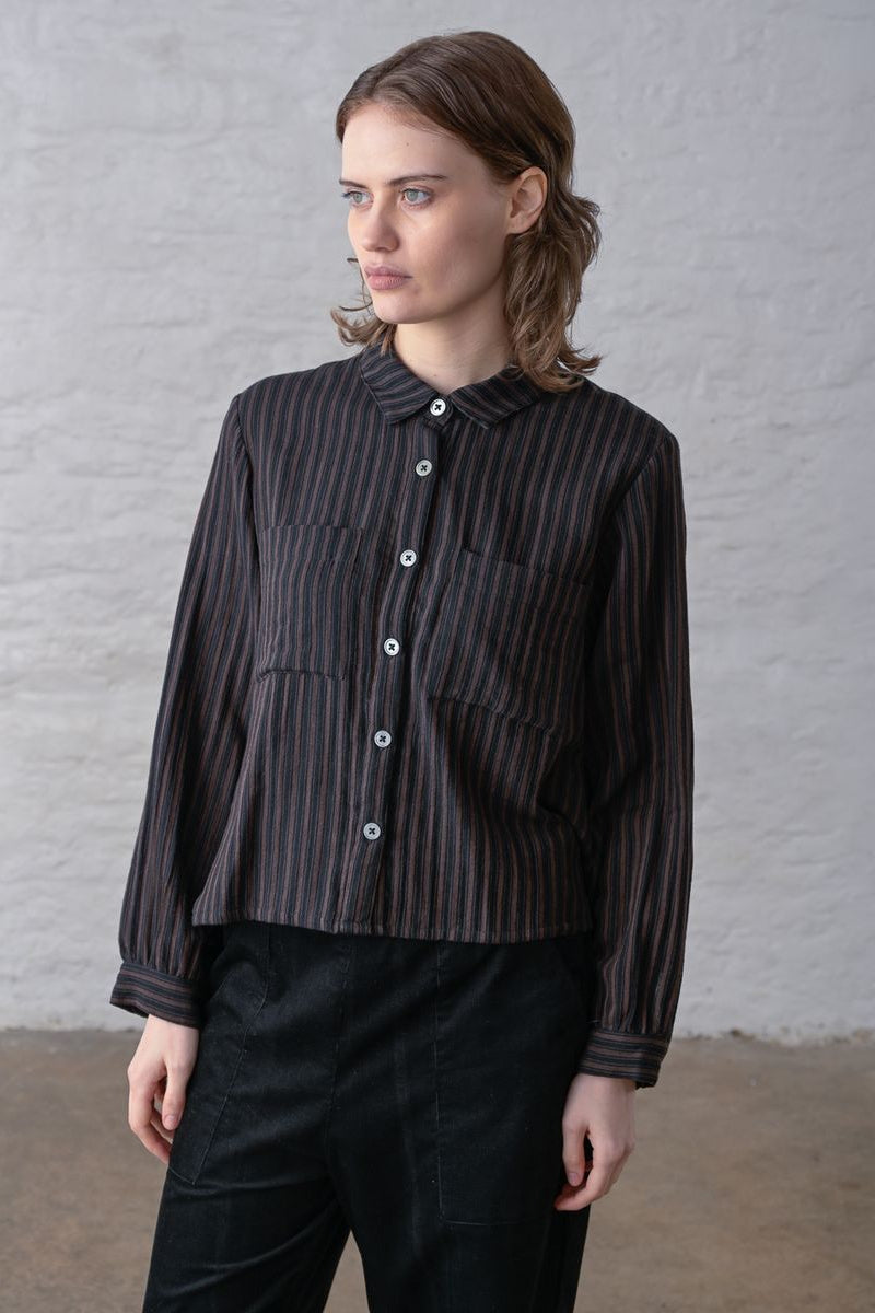 Ada Cropped Blouse | Black Brown Stripe
