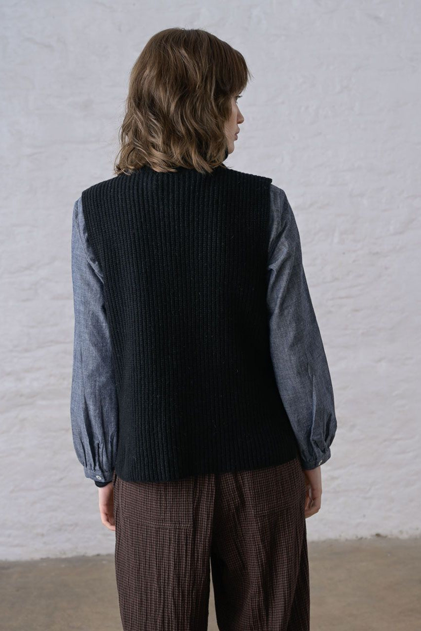 Lisa Knitted T-Neck Vest | Black Wool