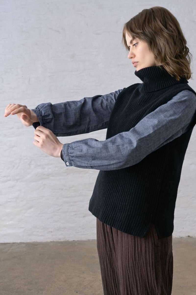 Lisa Knitted T-Neck Vest | Black Wool