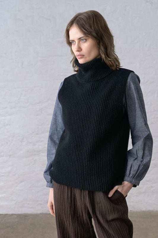 Lisa Knitted T-Neck Vest | Black Wool