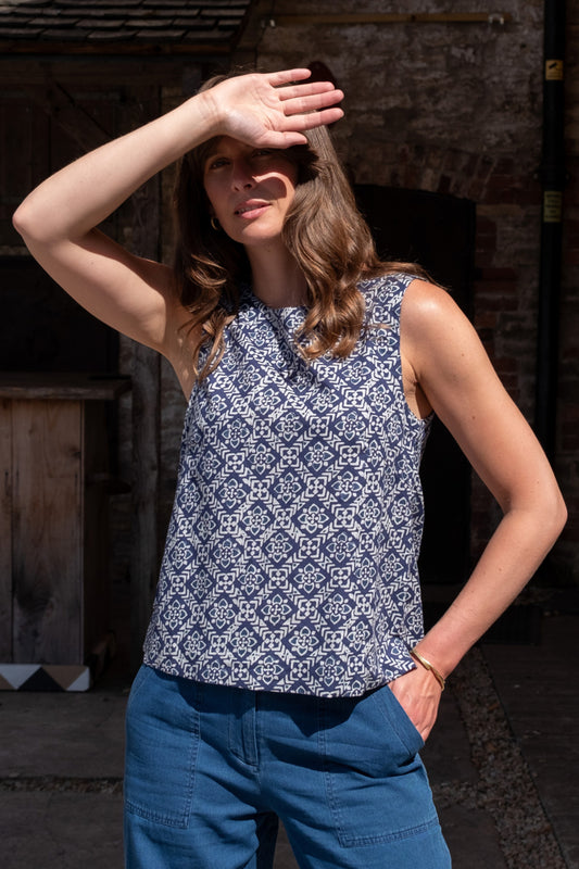 Pippa Sleeveless Shell Top | Indigo Block Print