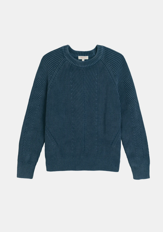 Image of DEMYLEE NEW YORK Chelsea Washed Cotton Sweater in Indigo. Chelsea is a classic Crewneck sweater with a vintage inspired fit and bracelet length sleeves.