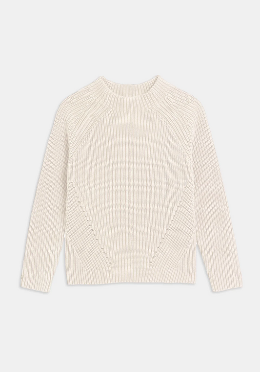 Image of DEMYLEE NEW YORK Daphne Washed Cotton Sweater in Natural White. Daphne has a mocked neck with pointelle seam details. 