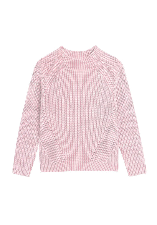Image of DEMYLEE NEW YORK Daphne Washed Cotton Sweater in Peony Pink. Daphne has a mocked neck with pointelle seam details. 